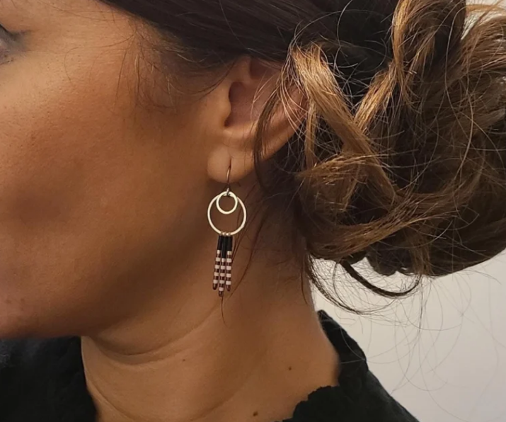 Boucles d’Oreilles Minimalistes Noires Et Roses En Laiton Et Perles Miyuki – Élégance Moderne